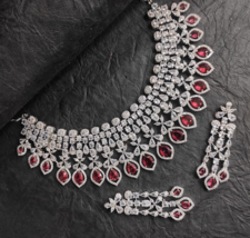 Indien Bollywood Style Plaqué Argent Ad Zircone Cou Collier Earrings Jewelry Set - $142.49