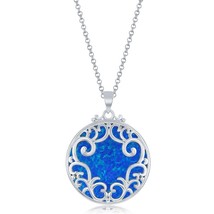 Sterling Silver Round Filigree Design Round Blue Opal Pendant w/Chain - £84.44 GBP