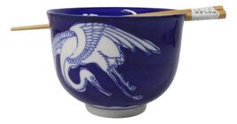 Blue And White Japanese Crane Ramen Donburi Soup Rice Bowl With Chopstic... - $19.99