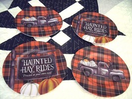 4 New Halloween Plaid Black Cat Crow Plates 8 1/2&quot; Melamine Orange Pickup Truck - £13.19 GBP