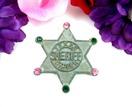 Sheriff Texas Rangers Badge Star Pin Vintage Rhinestone Brooch Green Pink - £15.02 GBP