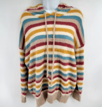 Oliver by Escio Anthropologie Striped Fuzzy Multicolor Hooded Sweater L ... - £19.71 GBP