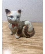 Vintage Brown Tan White Ceramic Cat With Blue Eyes Ribbons Pink Bow 5&quot; B... - £10.74 GBP