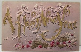 New Year Greeting Angels Holly Berry Golden Letters c1910 Embossed Postcard AA1 - £6.20 GBP