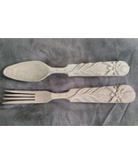 Vintage Lot Of 2 Hand Carved Wooden Kitchen Utensils Serving Fork &amp; Spoon - $34.41 CAD