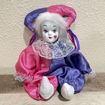 Vintage Pink &amp; Purple Harlequin Jester Hat Porcelain Face Fabric Body Doll 11 in - £11.76 GBP