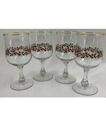4 Christmas Wine Glass Stemware Goblets Holly Berry Ribbon Pattern Libbe... - £23.34 GBP