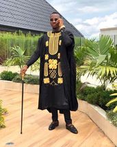 Black and Gold Agbada Babariga 3 Pieces Men Groom Suit African Clothing for Men - £139.86 GBP+