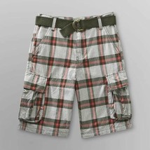Boys Cargo Shorts Route 66 Red Gray Plaid Adjustable Waist Belted Flat Front- 6 - £8.58 GBP