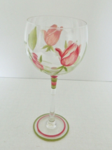 Rose Buds Hand Painted Tall Wine Glass Pink Red Green Tag on Bottom - £11.54 GBP