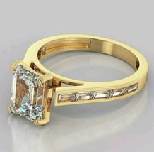 9X7mm Emerald Cut Real Moissanite Engagement Ring 14K Yellow Gold Plated - £134.35 GBP