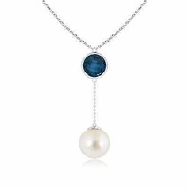 ANGARA South Sea Pearl &amp; London Blue Topaz Lariat Necklace in 14K Solid Gold - £1,159.74 GBP