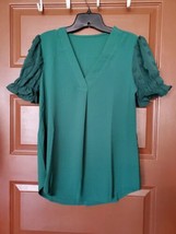Womens Green Puff Short Sleeve Blouse Size Small - $11.88