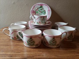 Sango Home for Christmas Tree Pink Ribbon Cups &amp; Saucers. Set 7 (14Pcs) ... - £19.74 GBP