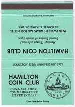 Matchbook Cover Ontario Hamilton Coin Club 125 Anniversary Green - £0.53 GBP