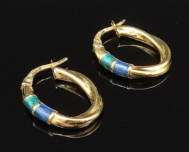 18K GOLD - Vintage Polished Green &amp; Blue Enamel Twisted Oval Earrings - ... - $290.20
