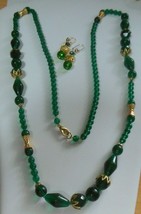 Vintage Long Gold-tone End-capped Green Glass Bead Necklace W/ Free Earrings - £59.16 GBP