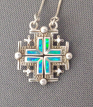 Sterling Silver Opal Inlay Cross Necklace Jerusalem Convertible Folding 21&quot; 925 - £52.11 GBP