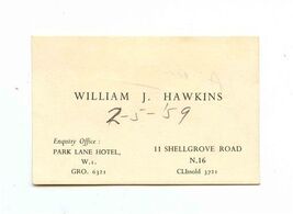 William J Hawkins Business Card Enquiry Office Park Lane Hotel London W1 - $11.88