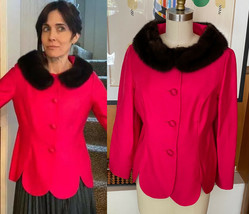 Vintage Magenta real Fur Collar Blazer Bombshell Sz L M 8 10 hot pink - £90.79 GBP