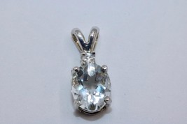 14K White Gold Oval Pale Blue Stone Topaz Double Wire Pendant Diamond Charm - £184.42 GBP
