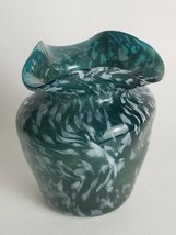 Art Glass Cade End of Day Teal w/ White Splatter Hand Blown Ruffled Edge... - £14.15 GBP