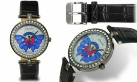 NEW Eberle 14020 Women&#39;s Chrysalis Collection Butterfly Dial Black Leather Watch - £19.74 GBP