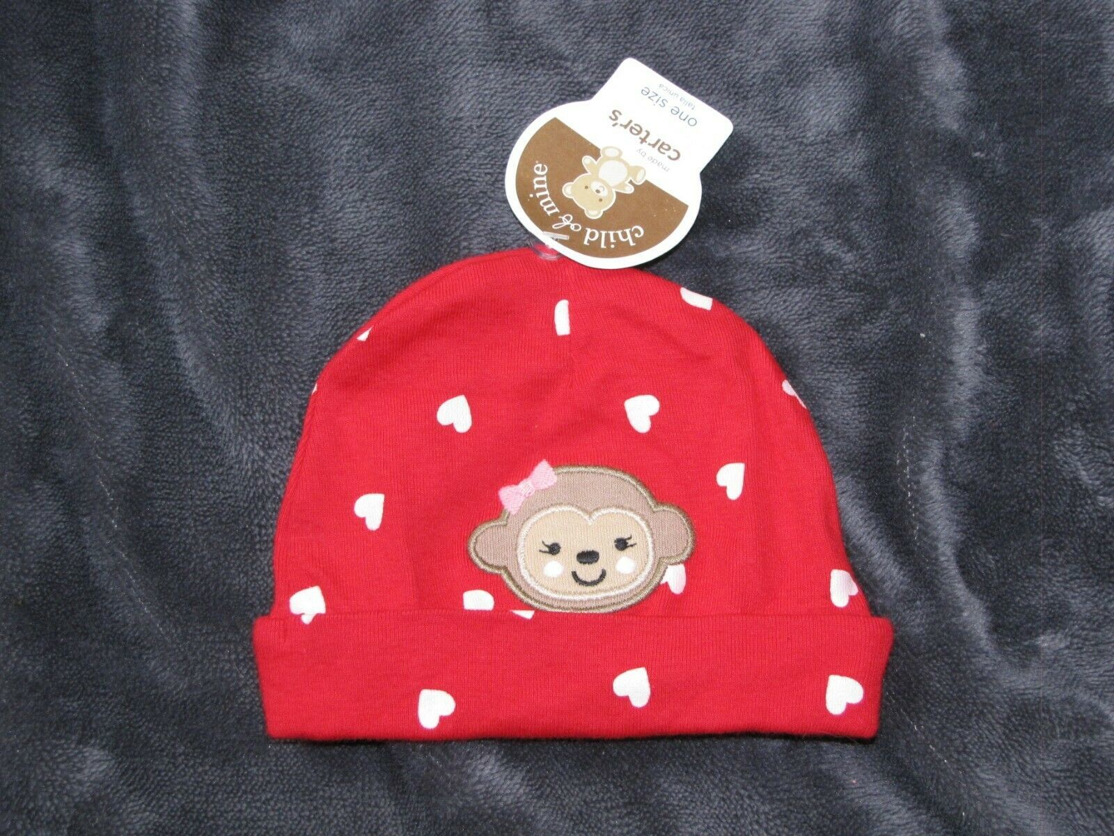 CARTERS RED PINK MONKEY HEART CHILD OF MINE VALENTINES DAY CAP HAT 0-3-6 REBORN - $11.87