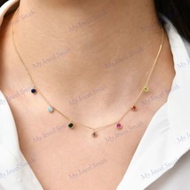 Bezel Set Gemstone Station Necklace with simulated sapphires in Solid 925 Silver - £65.29 GBP