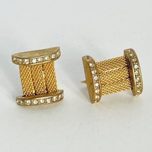 c1970 Cuff Link Style Mesh Metal Rhinestones Gold Tone Clip Back Earrings - $19.95