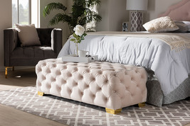 Gates Light Beige Velvet Fabric Gold Finished Button Tufted Bench Ottoman - $7,640.92 MXN