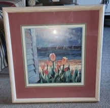 Vintage Pastel Art Print Tulips Ocean Boat Scene Outer Banks 23x23 Framed Glass - £39.37 GBP