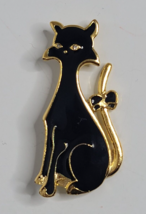 Black Cat Rhinestone Eyes Bow Vintage Gold Tone Brooch Pin - £12.17 GBP