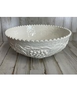 Vintage White Milk Glass Bowl Embossed Grapes 11" Raised Pattern Scalloped Edge - $28.95