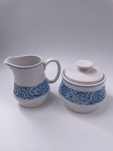 Noritake Progression Milburn #9025 Cream &amp; Sugar Bowl Set Blue Band w/Scroll - £19.46 GBP