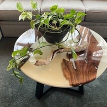 White Epoxy Table Top, Round Side End Table Resin River Table, Acacia Wood Table - £255.71 GBP+