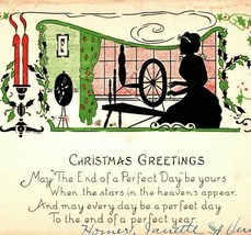 c1920 Christmas Greetings Yarn Spinner Silhouette Card - £10.18 GBP