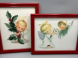 Set Of 2 Vtg Ruth Morehead Angel Complete Cross Stitch Framed Art Red Fr... - $24.74