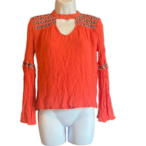 Rock&amp;Roll Cowgirl Womens Small Orange Aztec Embroidered Keyhole Boho Blouse Top - £11.03 GBP