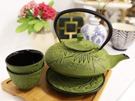 Japanese Evergreen Bamboo Yellow Heavy Cast Iron Tea Pot With Trivet and... - $50.95