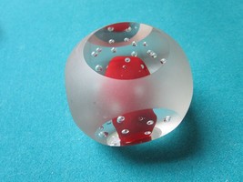 GLASS CLEAR AND FROSTED CUBE PAPERWEIGHT BUBBLES, RED CENTER - $63.35