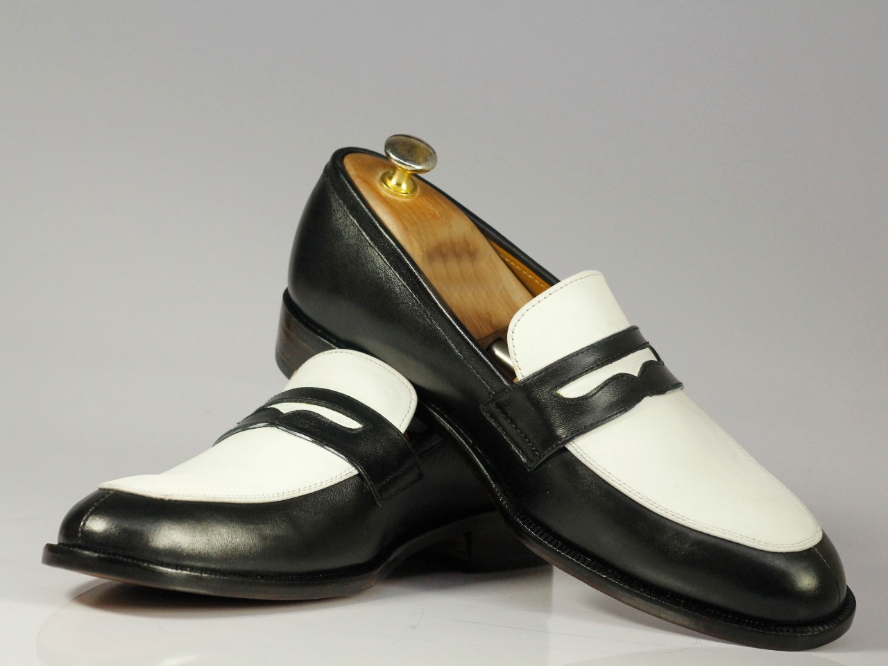 Handmade Men's Black White Leather Penny Loafer Dress Shoes, Men Designer Shoes