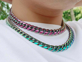 Iridescent Miami Cuban Link Choker Chain Necklace Jewelry Hip-Hop Street... - £35.40 GBP