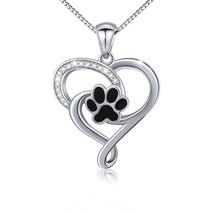 S925 Sterling Silver Puppy Dog Cat Pet Paw Print Love Heart Pendant Necklace 18&quot; - £58.11 GBP