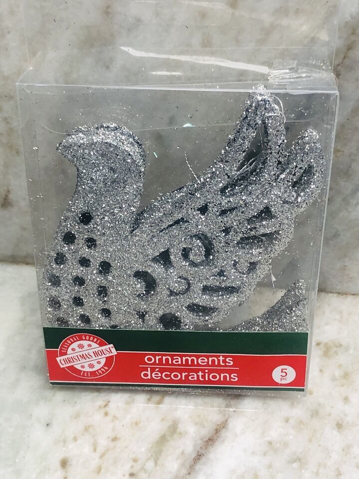 Merry Christmas Ornaments 5 PC  Silver Glitter - $9.78