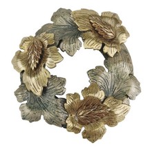 Leaf and Pinecone Wreath Brooch Fall Colors Tone Metal Vintage  - $6.35