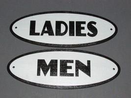 Ladies and Men Restroom Oval Sign Set Grey and Black Vintage Style - £25.49 GBP