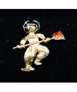 Vtg Scarecrow Halloween Brooch Pin Gold Tone Broom Witch Hat Orange Blac... - $27.99 CAD