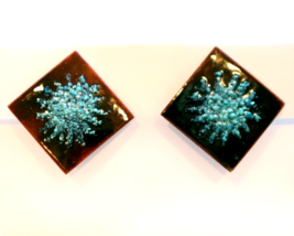 Large Vintage Artisan Enamel on Copper Earrings Clip On Modernist Brown Aqua - £19.46 GBP