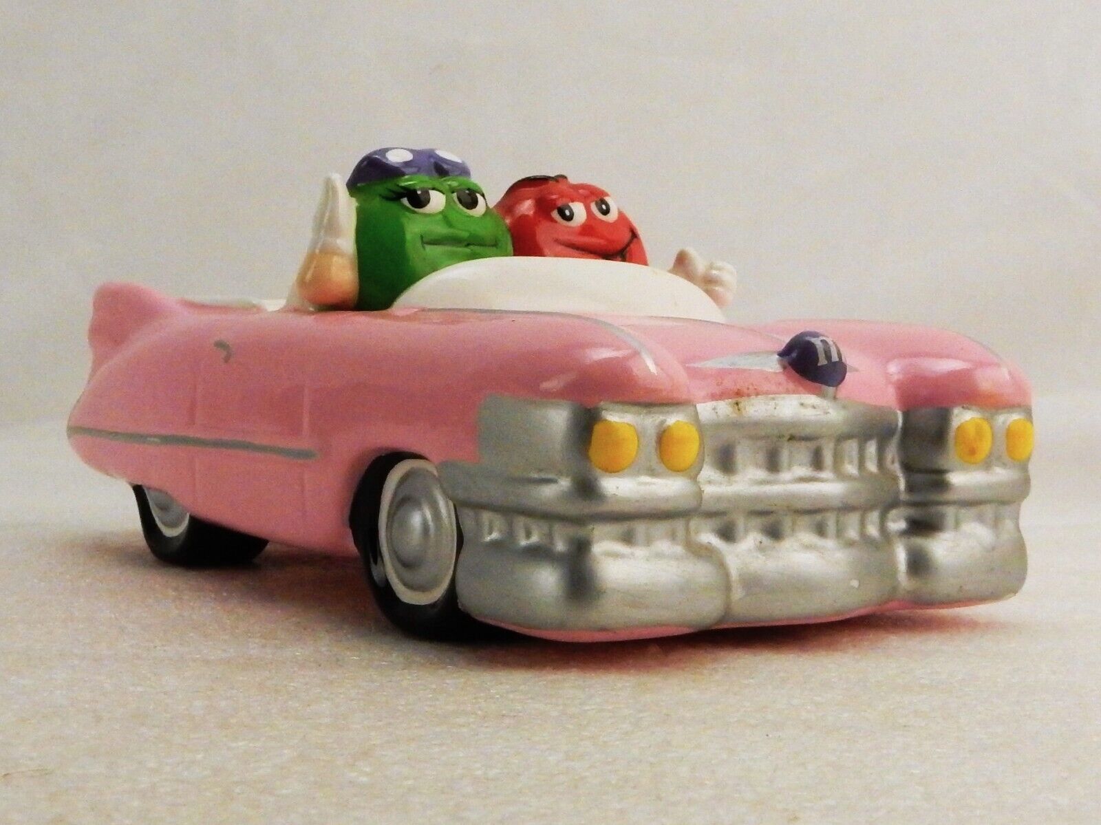 M&amp;Ms Candy Dish Car Figurine, Pink Convertible Cadillac, Red &amp; Green Can... - $14.65